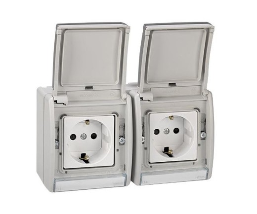 Schuko double pre-wired monobloc socket outlet IP55 16A 250V with security availability.