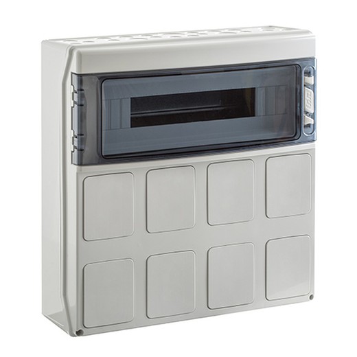 Kompakte Box für Steckdosen 1x18 Module, vorgestanzte Abdeckungen mit transparentem Fenster