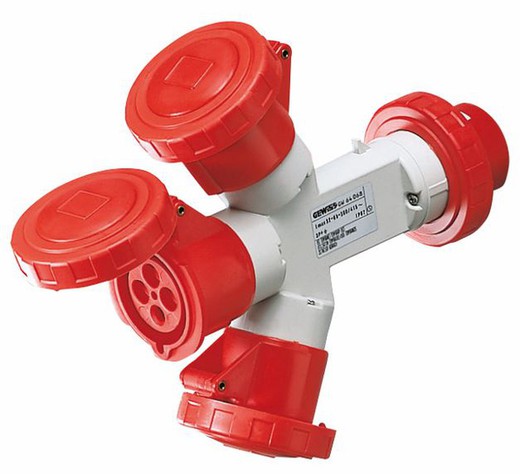 Multiplicador à prova d'água M00D3Vil com 3 saídas Ip67 - Plug 32A - 3 Bases 3P+E 400V 50/60Hz - Vermelho - 6H