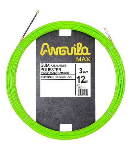 Trenza monofilamento poliéster ANGUILA diámetro 3mm 12m con nuevos terminales diámetro 5mm fijos con lazo, color verde flúor